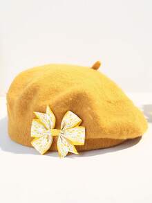 1 件女士彩色蝴蝶结花朵羊毛纯色贝雷帽，休闲百搭