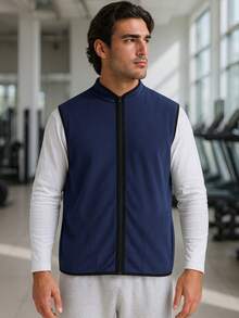 Chaleco de forro polar con cuello alto y cremallera para hombres - Prenda exterior sin mangas ligera para otoño-invierno, ideal para senderismo, viajes urbanos y actividades al aire libre con un ajuste estilizado - Azul Marino - Ver 2