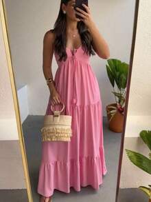 Long Strappy Ruffled Lace Tank Dress - Baby Pink - View 2