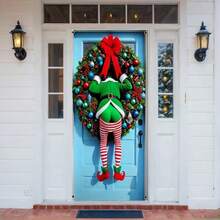 1pc, Polyester, Merry Christmas Funny Elf House Door Cover Hanging Indoor Flag Banner Home Indoor Outdoor Party Decorations Christmas Backdrop Tapestry, Entrance Room Garden Courtyard Gate Decoration 35.43 X 70.86 Inch Holiday Party Supplies - Multicolor - View 5