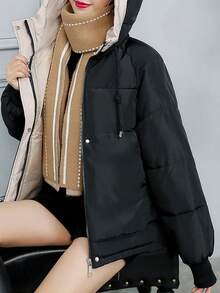 Abrigo corto de invierno para mujer, corte holgado, tallas grandes, chaqueta acolchada gruesa, con cremallera y capucha, diseño con bloques de color Abrigos de Invierno para Mujer - Negro - Ver 4