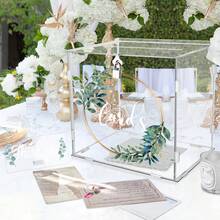 1 set cutie poștală acrilică pentru nuntă cu încuietoare, cutie poștală acrilică pentru nuntă cu coroană de eucalipt aurie, cutie pentru plicuri de bani pentru nuntă, potrivită pentru nuntă, logodnă, ziua de naștere, petrecere de absolvire, decorare de petrecere cu cadouri de botez