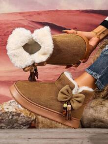女士厚底防滑秋冬新款个性流苏蝴蝶结装饰一脚蹬保暖羊毛边短靴雪地靴 - 棕色 - 查看 1