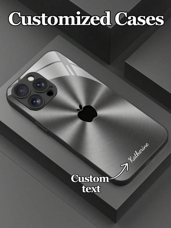 1pc Customizable Text, Metallic Finish, Linear, Apple Pattern Tempered Glass Material Phone Case, Suitable For IPhone 17 Pro Max/17 Air/16/15/13/12/11/XS Max/6 7 8 Plus, S25 Ultra/S24 FE/S23 Plus/S22 Pro/S20/S21 FE, Holiday Gift, Birthday Gift, Couples, Pets, Friends, Classmates, Siblings, Family, Fashion High-Definition Printed Protective Cover