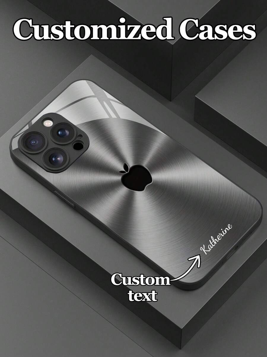 1pc Customizable Text, Metallic Finish, Linear, Apple Pattern Tempered Glass Material Phone Case, Suitable Compatible With Iphone 17 Pro Max/17 Air/16/15/13/12/11/XS Max/6 7 8 Plus, S25 Ultra/S24 FE/S23 Plus/S22 Pro/S20/S21 FE, Holiday Gift, Birthday Gift, Couples, Pets, Friends, Classmates, Siblings, Family, Fashion High-Definition Printed Protective Cover - Black - View 1