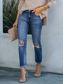 Women's Knee Ripped Frayed Hem Stretchy Skinny Denim Jeans - Medium Wash - View 1