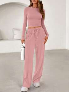 Women Fall Two Piece Outfits Ribbed Knit Long Sleeve Crop Top Drawstring Elastic High Waist Wide Leg Pants Matching Lounge Set Spring Autumn Airport Sport Outfits - 粉色 - 查看 5