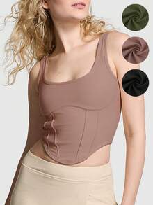 3 件套女式 U 领修身不对称下摆吊带背心套装，黑色、卡其色、绿色，搭配基本款，适合瑜伽、健身、户外、日常、办公室 - 彩色 - 查看 6