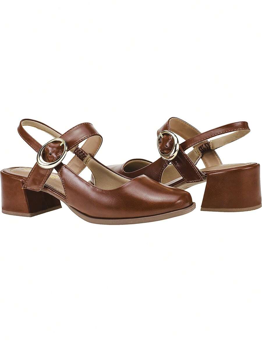 Sapato Feminino Scarpin Bico Quadrado Salto Baixo Mary Jane Boneca Shekinah Fivela Confortável Retrô  Simples    Negócios    PVC    Fivela    Escritório    2025 - Caramelo - Visão 1