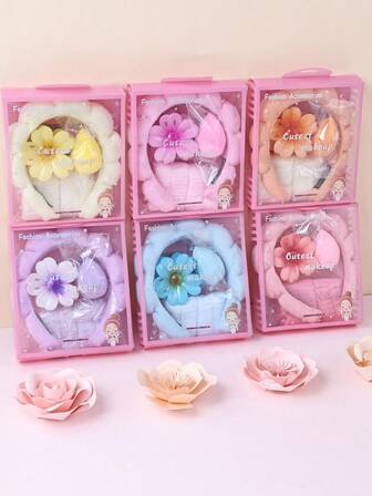 5件套女孩海绵SPA头带洗脸腕带，配大号塑料花朵发爪夹礼盒，面部发带发饰套装，精美礼盒包装，适合派对送礼和日常使用