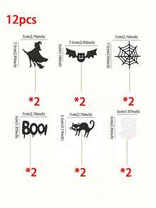 12/24pcs Halloween Cupcake Decorations - Witch, Bat, Spider Web, BOO, Black Cat Ghost, Horror Themed Party Decorations, And Non-Electrical Dessert Accessories, Holiday Party Supplies, Durable Scary Design-Halloween-Halloween Decorations-Halloween Decoration-Cake Decorations