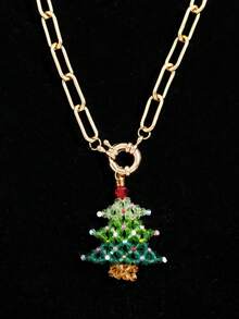 Green Handmade Beaded Christmas Tree With Golden Bubble Clasp Necklace, Elegant Christmas Gift, Shiny Party Jewelry