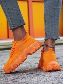 ​Women's Vibrant Orange Extra Wide Sneakers - Wide Fit Comfort With Knit Upper For Street Style, Year-Round Shoes For Women​ - 橘色 - 查看 1