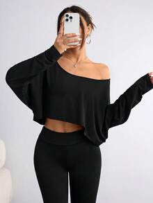 Women's Casual Off-Shoulder Long-Sleeved T-Shirt With Elasticated Pure Color Top Suitable For Daily Spring Wear And Machine Washable Lining - Black - View 5