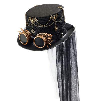 Sombrero de fiesta para festivales, sombrero decorativo unisex, sombrero de copa steampunk, sombrero de cadena con engranaje de murciélago de malla de encaje gótico unisex, sombrero para actuación en el escenario.