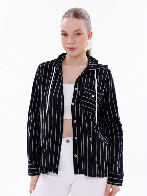 Women's Striped Long Sleeve Single-Breasted Casual Drawstring Hooded Loose Shirt