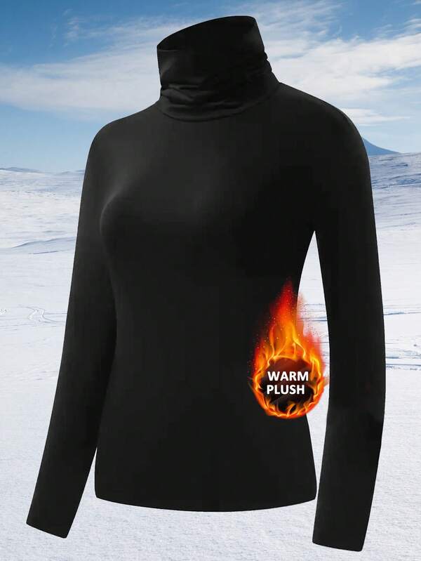 Damen Warmes Langarm T-Shirt - Rollkragen Layering Winter Top, Weich & Warm Schwarz Basisschicht, Innen- & Außenbereich Lässig Tragen, Dick & Isoliert, Einfarbiges Design, Glatte Textur