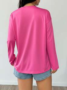 Kaos Lengan Panjang Wanita Custom - Atasan Custom, Kaos Custom, Bisa Ditambahkan Foto/Desain Anda, Atasan Olahraga Gaya Spesial Custom - Hot Pink - View 3