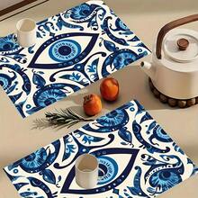 4 Greek Matimatakiya Evil Eye Placemats - Blue And White Linen Table Mats, 12x18inch Complex Eye Patterns, Suitable For Dining Tables, Kitchens, Parties And Holiday Decorations, Mediterranean Style, Textured Surface, Exquisitely Crafted Tableware, Non-Slip Placemats, Holiday Decorations, Banquet Table Arrangements - Nhiều màu - Xem 6