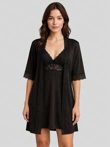 Luxury Romantic And Lace Robe Comfortable Bathrobe Night Line Bride And Maternity - Negro - Ver 1