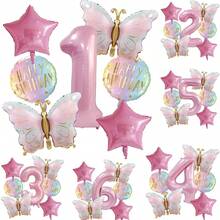 7pcs Happy Birthday Pink Butterfly Balloon Set, Includes 32inch Pink Number 1-6, Pink Star Shaped, Round Balloons, Suitable For Birthday Party, Anniversary Party, Home Decor, Atmosphere Setting, Party Decoration - Pink - View 2
