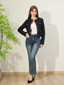 Women's Everyday Fashion Wear Tweed Jacket, Round Neckline Trim Long-Sleeved Solid Color Jacket