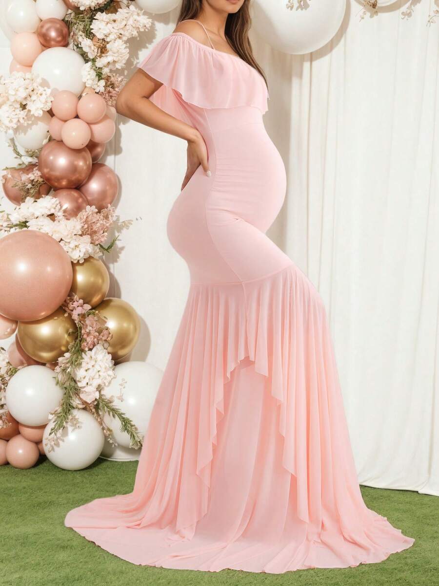 Pink Maternity Off Shoulder Sleeveless Ruffle Hem High-Stretch Knit Dress, Elegant Long Dress With Ruffle Hem Design Suitable For Baby Shower, Gender Reveal, Photography, Formal Party Spring - Pink - View 1