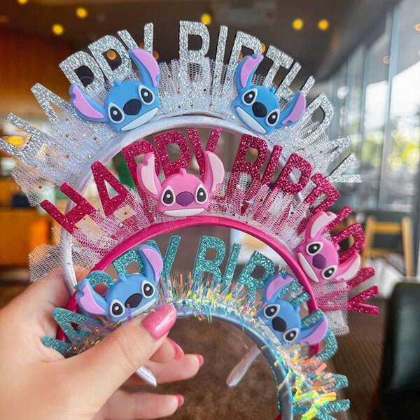 1pc Colorful Shiny Headband, Birthday Party Photo Prop, Cute Cartoon Stitch Decor Small Gift/Accessory For Girls