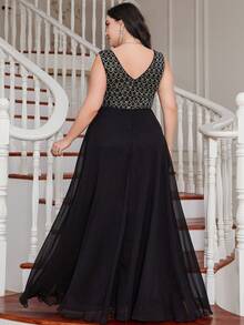 UNITHORSE Damen Große Größen Tiefer V-Ausschnitt Ärmellos Pailletten Patchwork Chiffon Partykleid