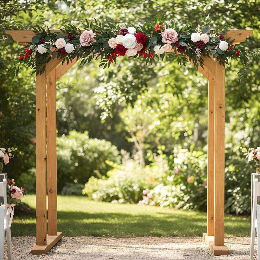 6FT Flower Garland Eucalyptus Willow Garland With Flowers Handcrafted Garland For Wedding Centerpieces For Rehearsal Dinner Bridal Shower, Wedding Ceremony Reception Outdoor Decor - 紅色 - 查看 1