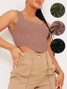 3 件套女式 U 领修身不对称下摆吊带背心套装，黑色、卡其色、绿色，搭配基本款，适合瑜伽、健身、户外、日常、办公室 - 彩色 - 查看 4