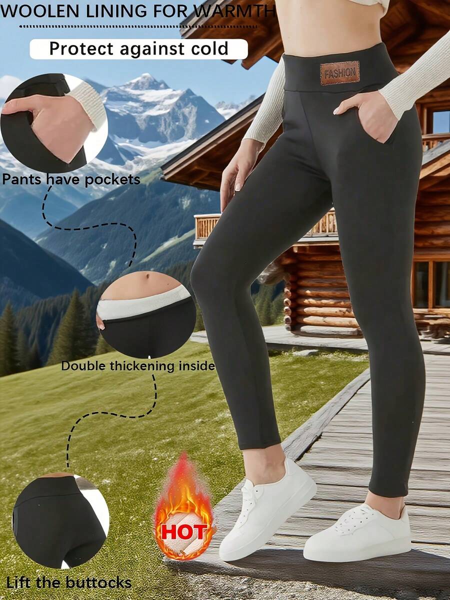 1pc Comfortable & Warm Fleece Leggings, Casual Elastic Pocket High Waist Full Length Leggings, Autumn/Winter - Clear - View 1