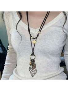 Vintage Versatile Western Style Long Double Layer Necklace New Forest Style Literary Layered Bohemian Sweater Chain - 鏤空樹葉民族風項鍊 - 查看 4