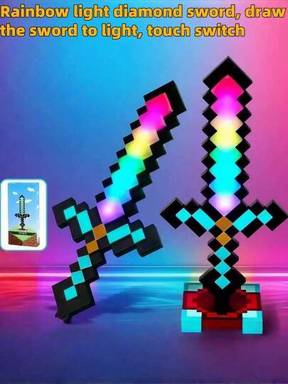 Minecraft Rechargeable Rainbow Light-Up Diamond Sword Lamp, Color Changing Sword Decor Night Light (14 Color Modes), Game Accessory Gift Model Desk Lamp, Minecraft Laser Sword Model Lamp, Glowing Model Toy , Minecraft Themed Pixel Style Mining Craft Party Supplies, Pixel Miner Birthday Party Decorations