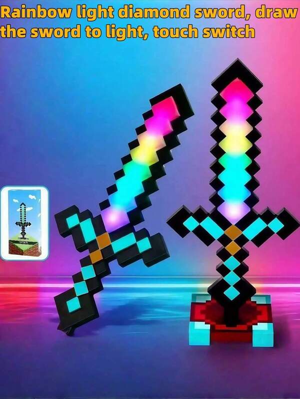 Minecraft Rechargeable Rainbow Light-Up Diamond Sword Lamp, Color Changing Sword Decor Night Light (14 Color Modes), Game Accessory Gift Model Desk Lamp, Minecraft Laser Sword Model Lamp, Glowing Model Toy , Minecraft Themed Pixel Style Mining Craft Party Supplies, Pixel Miner Birthday Party Decorations