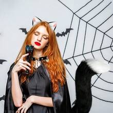 Simulation Fur Tail And Ears Set, Faux Fur Fox Tail, Cat Ears, Headband, Leather Choker, Bell Necklace For Cosplay, Costume Party, Adjustable Fox And Wolf Tail Set - 黑色 - 查看 2
