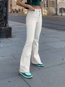 Mujeres Pantalones vaqueros de lavado en plano azul Flared Jeans Estilo sencillo Jeans de vestir casual Pantalones de denim para uso diario - Beis - Ver 3