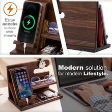 Wooden Phone Charging Stand, Table Or Bedside Table Organizer, Key Rack, Glasses, Watch And Essentials Storage, Wooden Storage Shelf, Christmas Gift - 棕褐色 - 查看 2