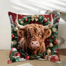 1pc 18" X 18" (45cm X 45cm) Holiday Christmas Cow Print Pillow Case, Single-Sided Print, Suitable For Sofa, Living Room, Bedroom Decoration, Pillow Insert Not Included - Multicolor D - View 2