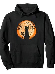 Men's Gothic Black Cat & Bat Print Hooded Sweatshirt - 250gsm Heavyweight 50% Cotton Pullover Hoodie With  Pocket, Spooky Bats & Moon Design, Long Sleeve Casual Winter Sweater For Halloween & Casual Attire, Machine Washable, Fleece Lined With Adjustable Hood, Digital Heat Transfer Print, Suitable For Autumn/Winter, Men's Fashion Hoodie With Front Pocket, Hoodies For Men,Fall Hoodies,Men's Fall Clothes,Street Wear,Halloween,Mens Hoodies,Y2k Clothes,Jesus Hoodie,Thanksgiving Day,Nightmare Before Christmas,Christmas - màu đen - Xem 1
