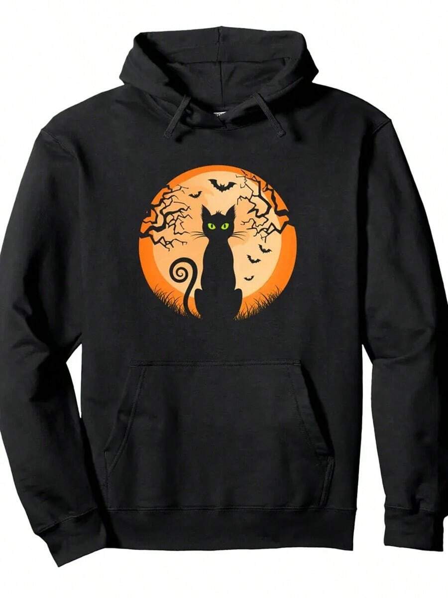 Men's Gothic Black Cat & Bat Print Hooded Sweatshirt - 250gsm Heavyweight 50% Cotton Pullover Hoodie With Pocket, Spooky Bats & Moon Design, Long Sleeve Casual Winter Sweater For Halloween & Casual Attire, Machine Washable, Fleece Lined With Adjustable Hood, Digital Heat Transfer Print, Suitable For Autumn/Winter, Men's Fashion Hoodie With Front Pocket, Hoodies For Men,Fall Hoodies,Men's Fall Clothes,Street Wear,Halloween,Mens Hoodies,Y2k Clothes,Jesus Hoodie,Thanksgiving Day,Nightmare Before Christmas,Christmas - màu đen - Xem 1