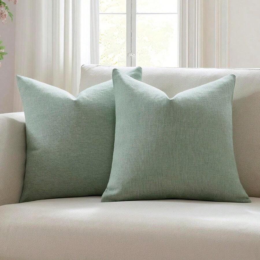 Meekio Set Of 2 Sage Green Pillow Covers 20 X 20 Inch Farmhouse Boho Decorative Throw Linen Cushion For Sofa Couch Décor SPCS2SG20