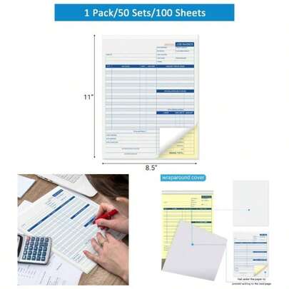 50 Sets Job Invoice Forms, 2 Part Carbonless, 8.5X11 Inch Work Order Forms Service And Repair Billing 50 Sets Each Pad, 1 Pad
