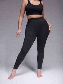 Plus Size Women Soft High Waist High Elasticity Sports Leggings, Casual Daily Outdoor Cycling Solid Color With Pockets Yoga Pants - Black - View 3