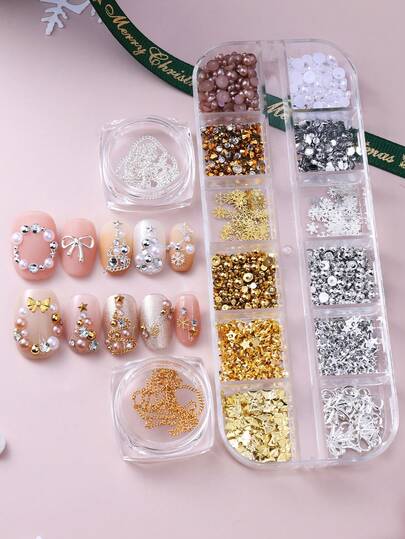 12件套圣诞美甲装饰套装，包含树脂水钻、珍珠、金色金属星星、蝴蝶结、雪花和2盒金属指甲链，优雅的圣诞美甲饰品，可爱的美甲沙龙装饰，DIY韩式美甲配件和工具，美甲用品