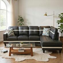 Black And White Modern 97"W L-Shaped Sectional Sofa Set, Synthetic Leather Right-Chaise Corner Couch, Tool-Free Assembly Modular Sleeper Sofa, Space Saving Multifunctional Living Room Furniture For Apartment And Office - 黑與白 - 查看 3