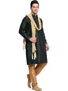 Men's Tunic Art Silk Kurta Pajama Pyjama Dupatta Set With Embroidery Zari Work  Clothing Dress Gifts Itemshalloween - 綠色 - 查看 6