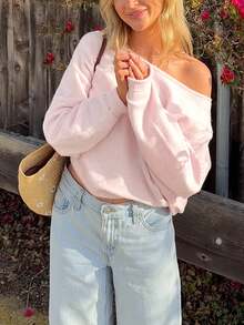 秋季女装，纯色毛衣，简约时尚气质休闲宽松套头衫，长袖大圆领落肩舒适上衣，基础款上衣，外出上衣，单肩上衣，返校季，约会之夜，感恩节，圣诞节