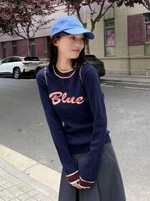 Christmas & New Year Letter Print Striped Contrast Collar Long Sleeve Crew Neck Sweater Top For Women, Casual College Style Suitable For Outings And Commuting, Autumn/Winter - Royal Blue - View 7