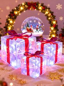 Set Of 3 Christmas 60 LED Lighted Gift Boxes, Transparent Warm White Lighted Christmas Box Decor, Presents Boxes With Red Bows For Christmas Tree, Yard, Home, Christmas Decorations